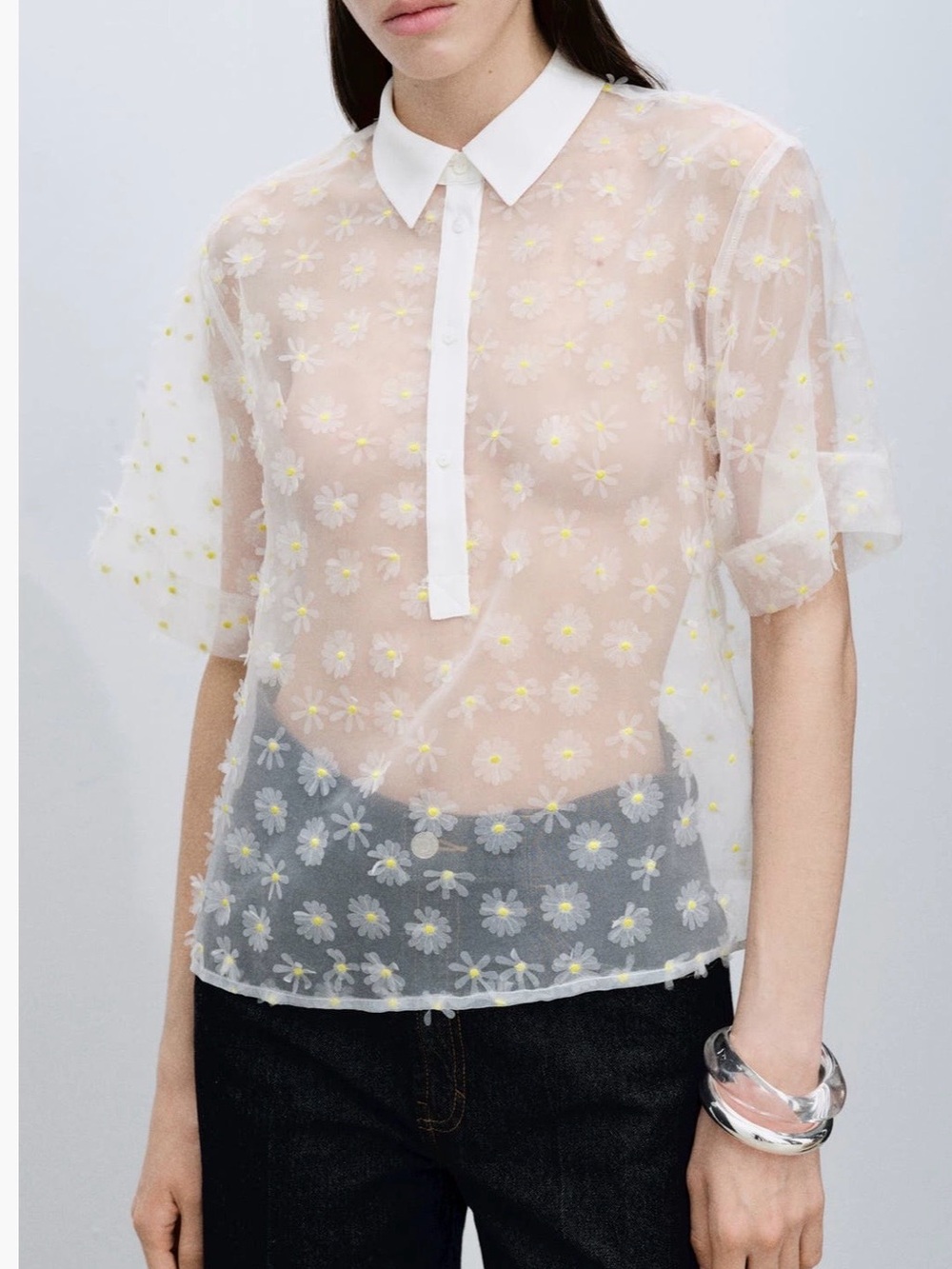 Mango Sheer White Collared Kids Blouse with Yellow Dot Embroidery